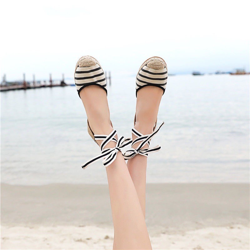 Giày đế cói đi biển cao gót buộc dây cao từ 5/8cm