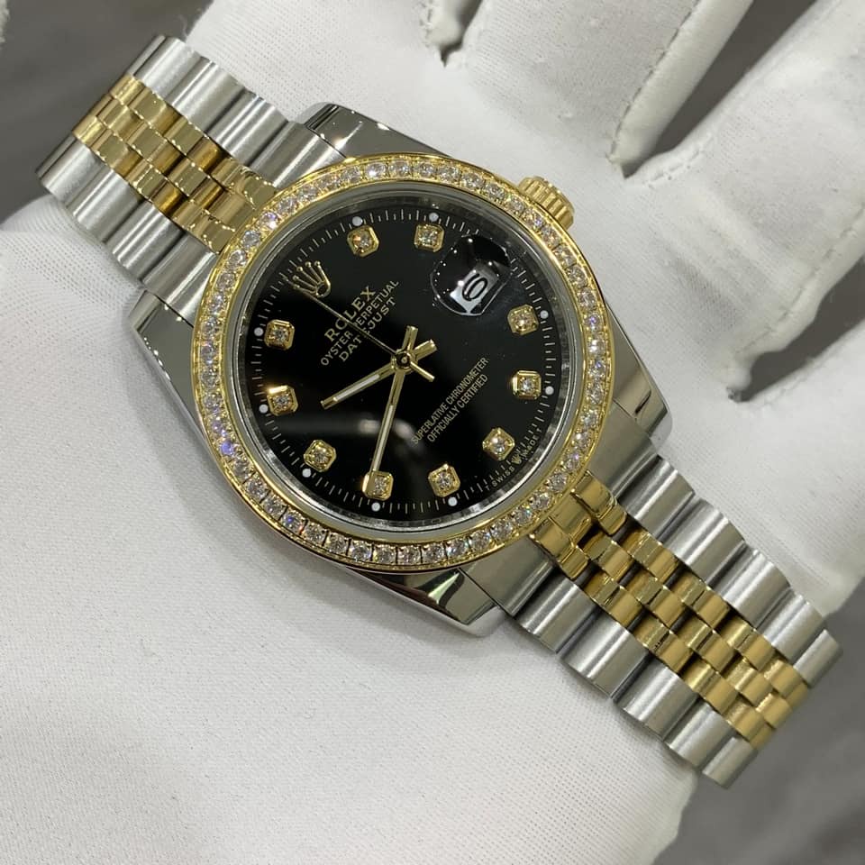 Đồng hồ Nam Rolex máy nhật mặt vàng số đá dòng cơ Automatic day date vành đá size 41mm