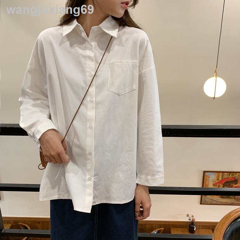 Đài Loan có thể mặc quần áo ❀Oyster❇Áo sơ mi trắng tay dài dáng rộng in hình trái tim dễ thương cho nữ