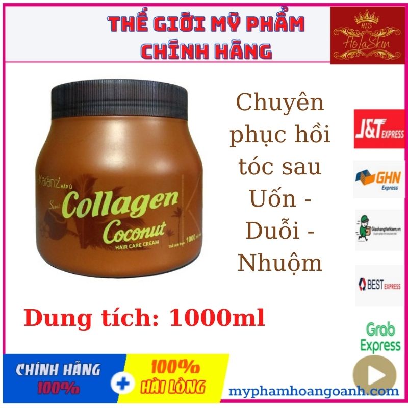 Kem ủ tóc Collagen Karanz dừa lùn màu nâu 1000ml - Hấp Dầu phục hồi tóc hư tổn, chẻ ngọn