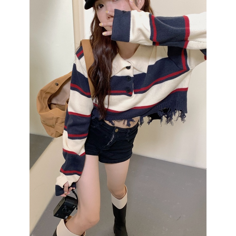 Porozi  Áo sweater dệt kim tay dài kẻ sọc ngang trẻ trung thời trang Hàn Quốc cho nữ