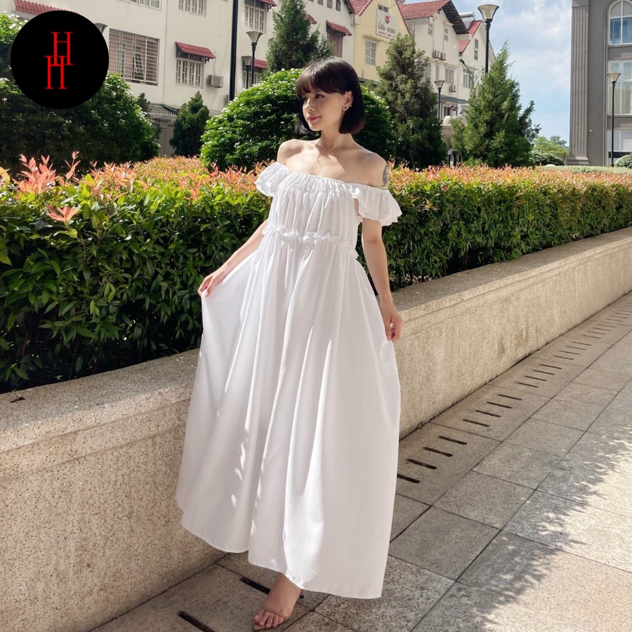 Đầm babydoll HDC106 suông dài maxi tay bèo màu trắng  Hỉn Hỉn Store