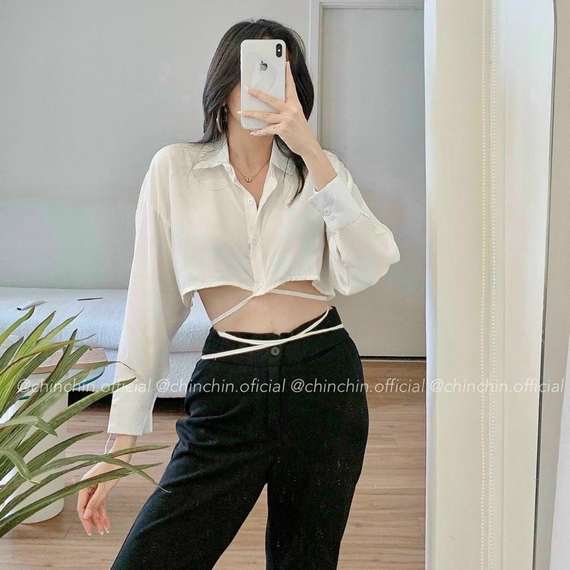 Set Áo Croptop Sơ Mi Trắng Cột Dây Eo + Quần Suông Đen Cạp Cao