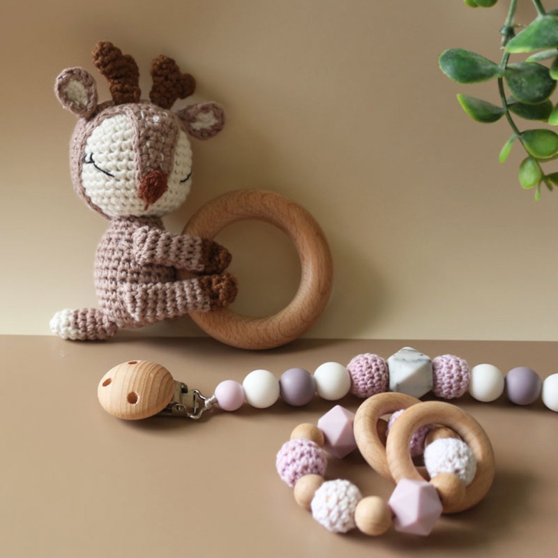 Giá Đỡ Núm Vú Giả Hình Hươu Đan Móc Đồ Chơi DIY Cho Bé Sơ Sinh Mọc Răng