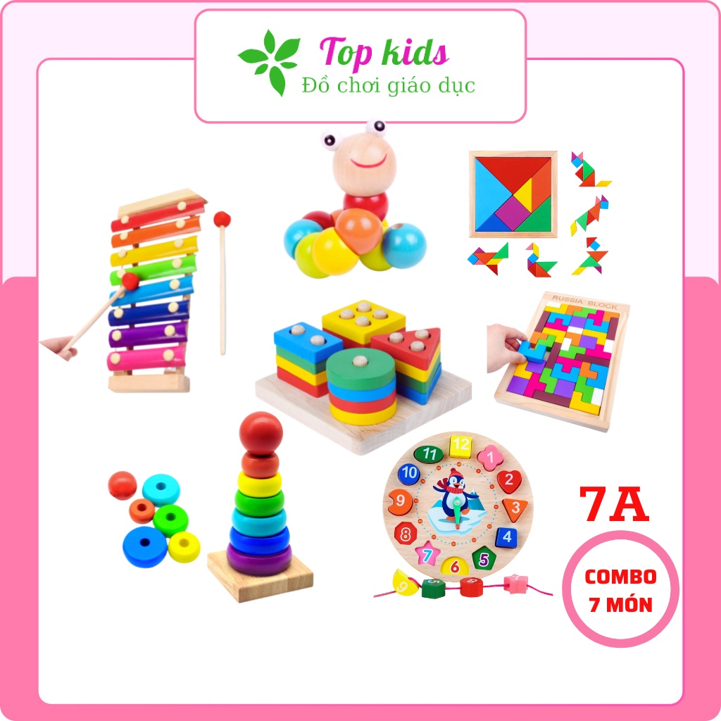 Đồ chơi giáo dục montessori combo 7 món đồ chơi gỗ thông minh phát triển trí tuệ cho bé từ 1 2 3 4 tuổi TOPKIDS