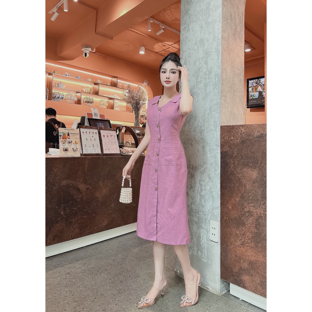 Đầm tiểu thư phối nút hai túi dễ thương màu xanh hồng