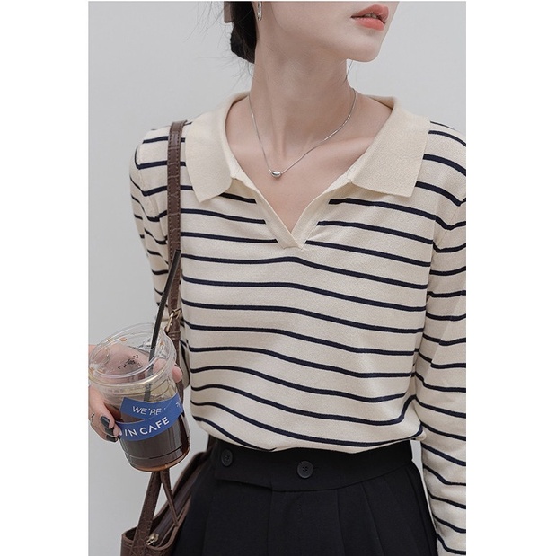 Áo Sweater  len cổ polo nữ dài tay kẻ ngang,  Thun Dệt Kim Tay Dài Cổ Chữ V Dáng Rộng Hàn Quốc  sọc ngang