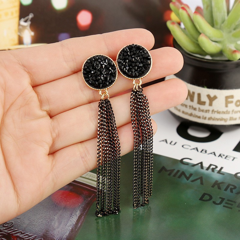 Bông Tai Dáng Dài Phối Tua Rua Màu Đen Phong Cách Hàn Quốc Thời Trang