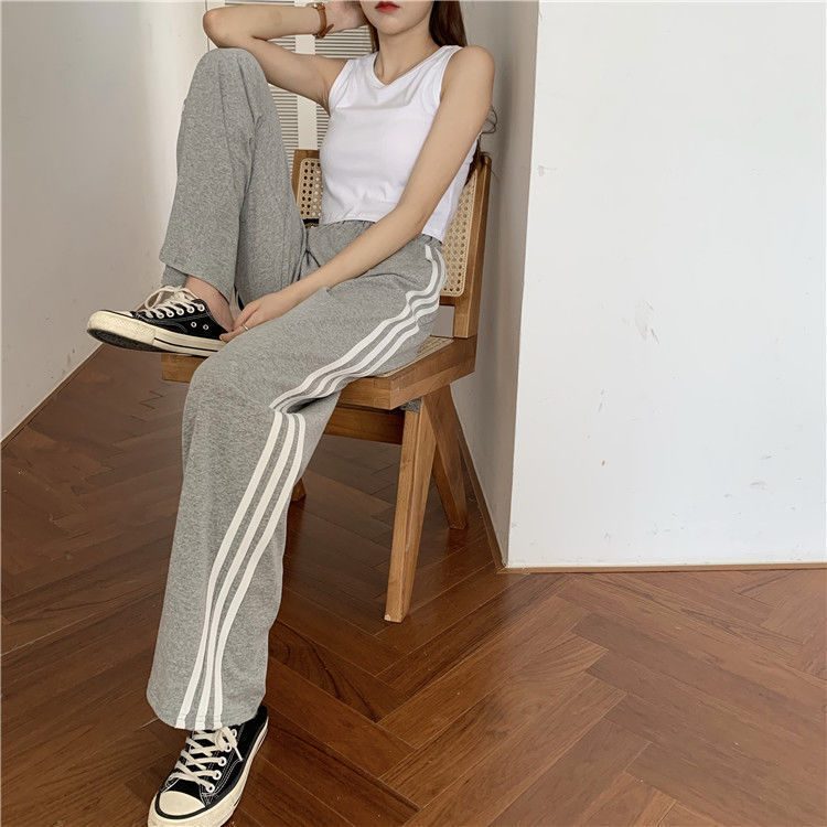 Summer new style ice silk sports pants women loose wild all-match thin three-bar casual wide-leg pants