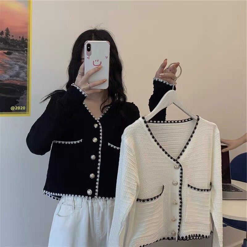 Áo cardigan dài tay cổ V crotop sơ mi dệt kim phối cúc cao cấp