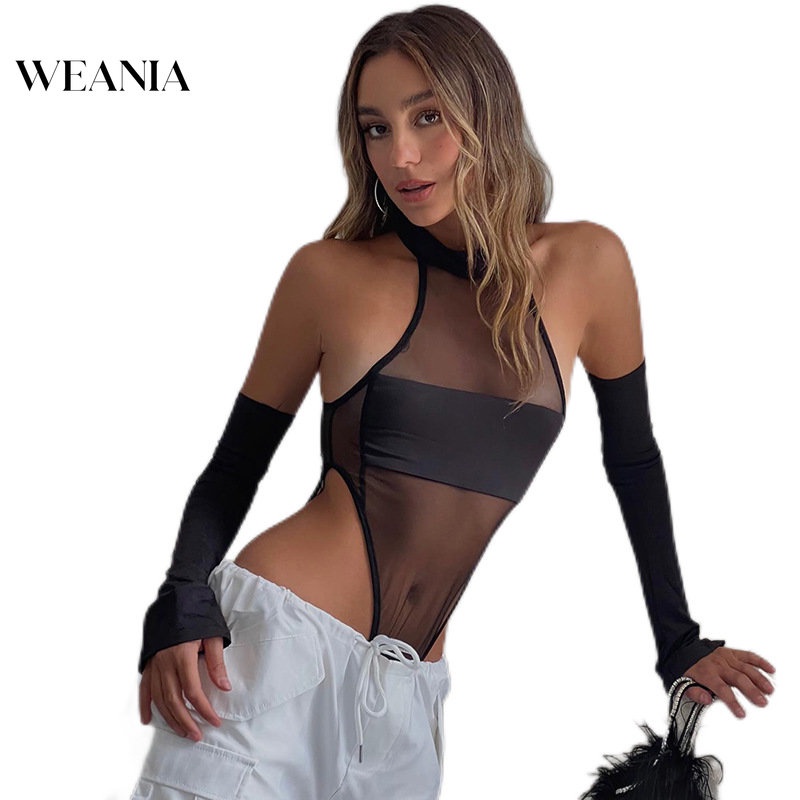 Bộ Áo Liền Quần Cổ Tròn Phối Lưới Ôm Dáng Kèm Găng Tay Gợi Cảm Cho Nữ