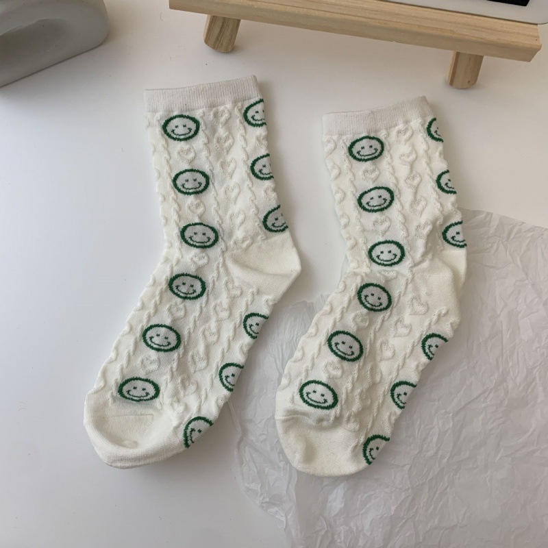 Vớ Cotton Trắng Cổ Vừa In Hình Mặt Cười Trái Tim Phong Cách Nhật Hàn Thời Trang Xuân Hè Cho Nữ