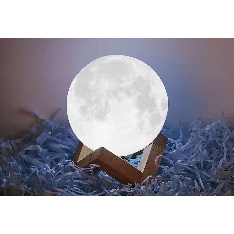 Đèn ngủ mặt trăng có pin sẵn kèm chân đế gỗ, đèn LED Moon Light để bàn trang trí phù hợp decor nhiều không gian 12cm
