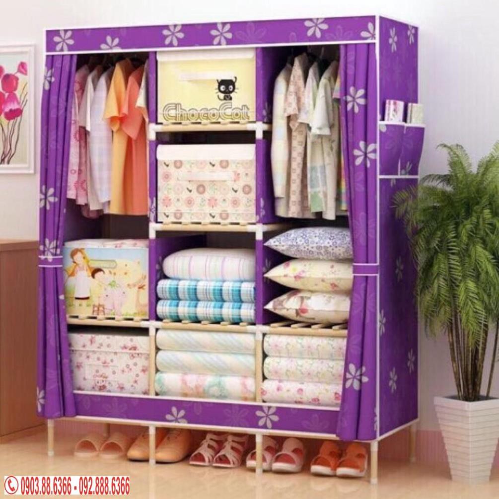 Tủ vải đựng quần áo 3 buồng khung gỗ