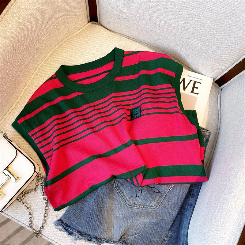 Áo sweater Sát Nách Cổ Tròn Dáng Suông Kẻ Sọc Ngang Màu Sắc Tương Phản Thời Trang Hè Cho Nữ