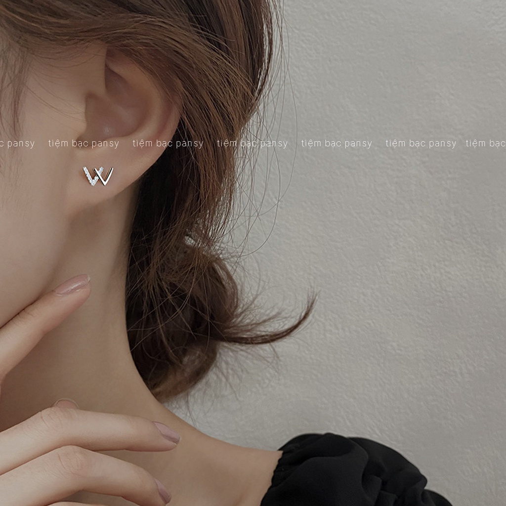 Bông tai nữ PANSY chữ W bằng bạc ta thật, khuyên tai nữ dễ thương phong cách Hàn Quốc cá tính