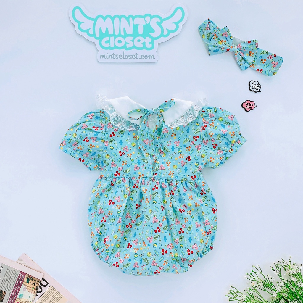 Set Đồ Sơ Sinh, Bodysuit Xanh Hoa Nhí Cổ Phối Ren Cho Bé Gái Sơ Sinh Đến 2 Tuổi MINTSCLOSET Mint's Closet - BS6075