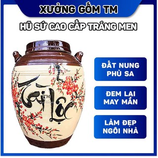 Hũ sành sứ đựng gạo, chứa thực phẩm khô tráng men có quai vẽ hoa đào mẫu 15-25KG gốm sứ Bát Tràng