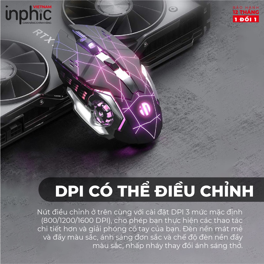 Chuột Chơi Game Wifi Có LED Sao Trời Xanh INPHIC M601 USB 2.4G 1600DPI Đèn Nền LED Nhiều Màu 6 Nút Pin Sạc - Chính Hãng