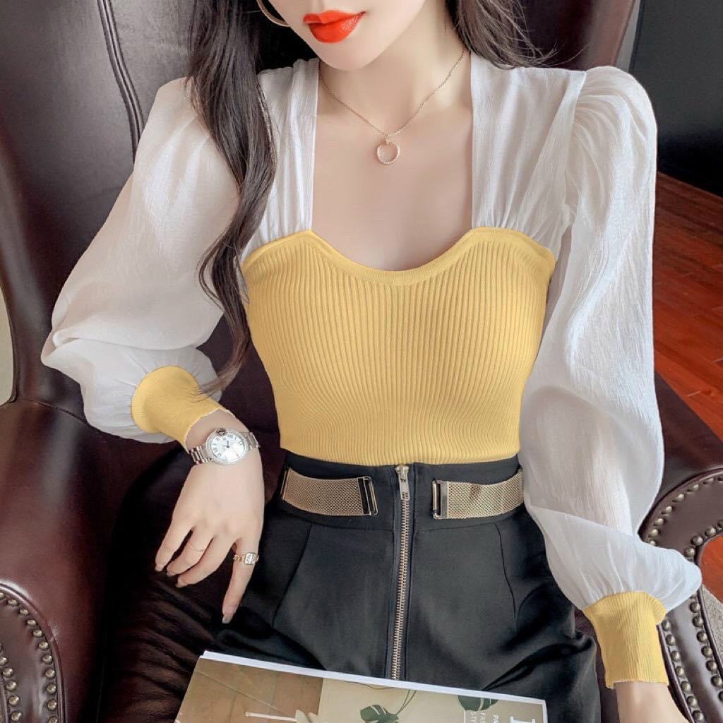 Áo len gân nữ tay phối voan cổ vuông cực xinh kiểu dáng thời trang hot 2022.