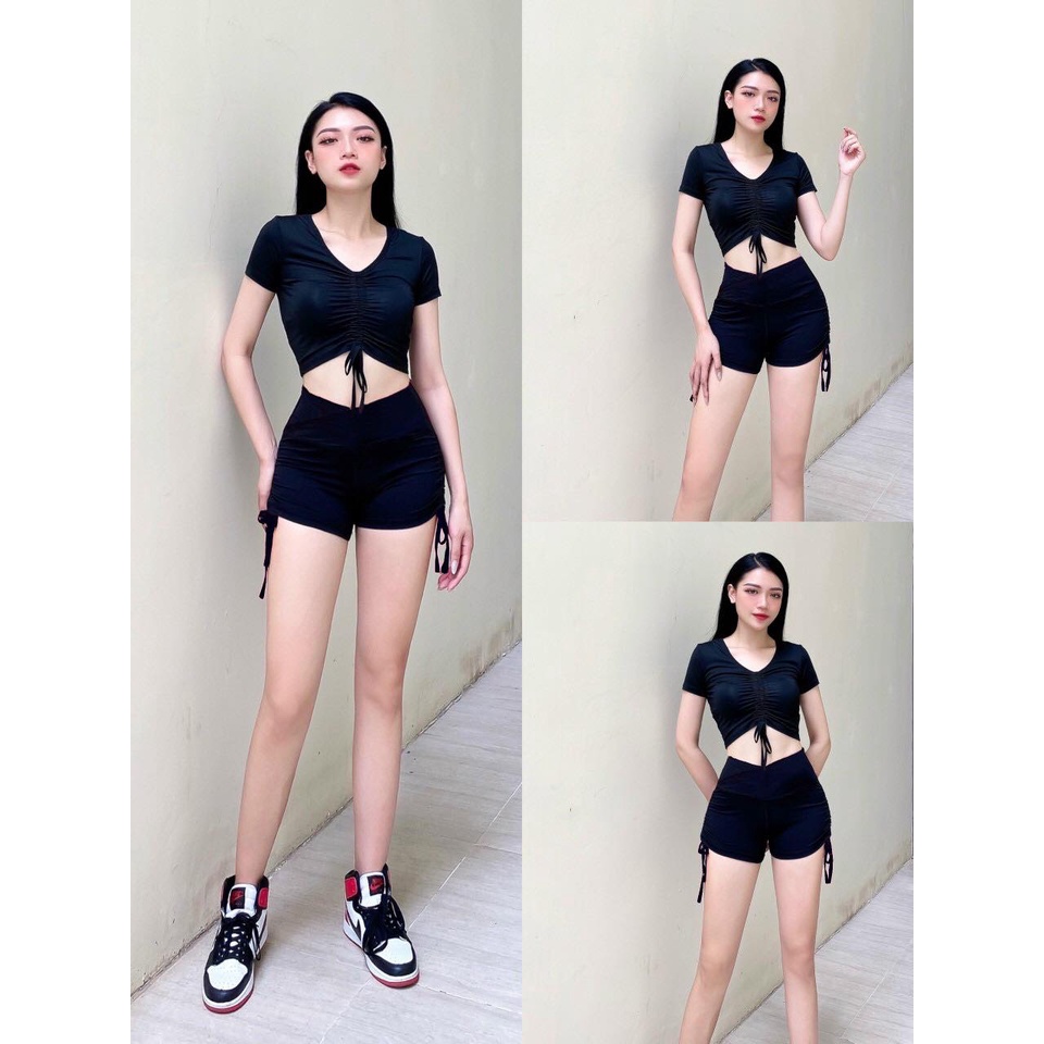 Đồ tập gym nữ, đồ bơi Hot trend Áo Croptop rút dây, Quần đùi rút dây siêu dễ thương, tập gym, yoga, zumba, chạy bộ, bơi