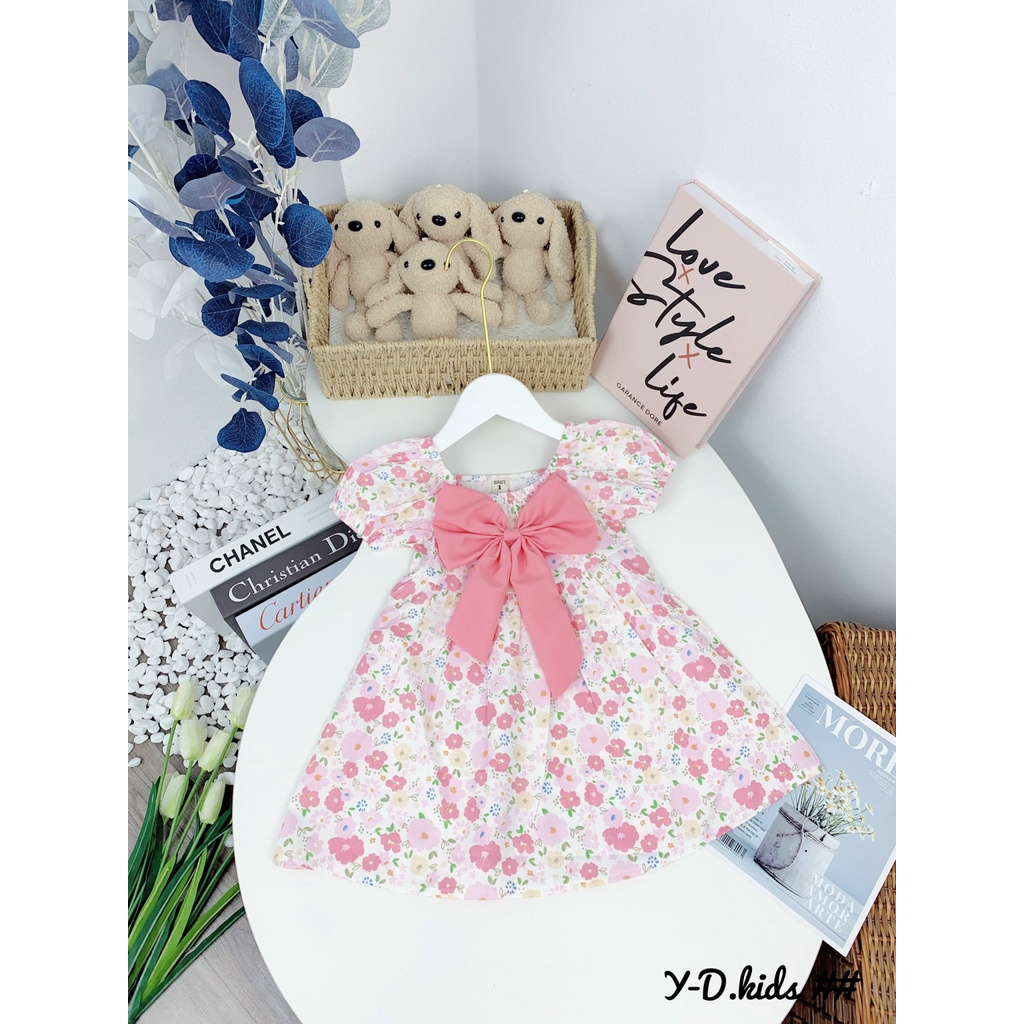 Váy hoa bé gái, đầm bé gái nơ buộc vải thô hoa mềm mại loại 1 size 12-22kg có 5 màu