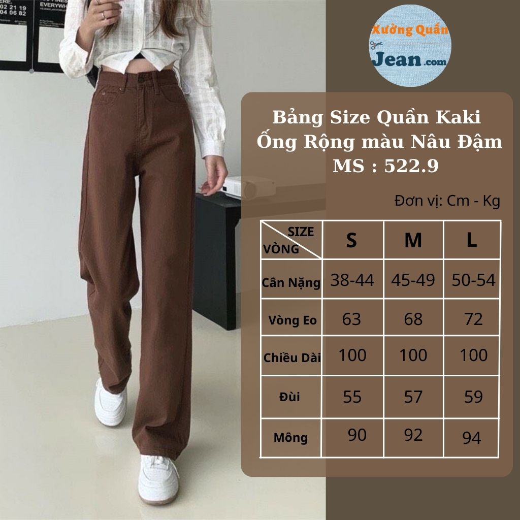 Quần Kaki Nữ Ống Rộng Lưng Cao Dáng Suông, Quần Kaki Jean Trơn Màu Nâu Đậm Sang Chảnh Size SML - 522.9