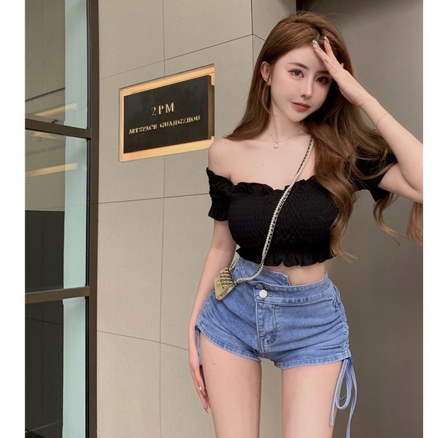 Quần Short Denim Lưng Cao Thiết Kế Dây Rút Phong Cách Trung Hoa Thời Trang Mùa Hè Mới