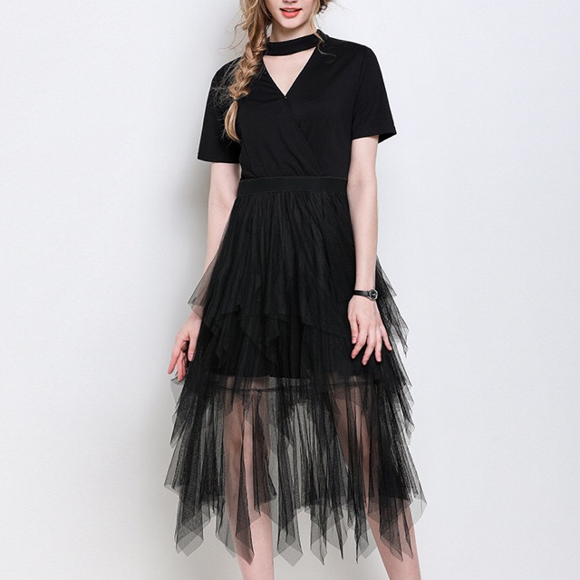 Đầm maxi thun đen big size cổ cut out choker ren đuôi cá size đại 65-100kg