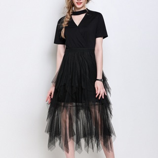 Đầm maxi thun đen big size cổ cut out choker ren đuôi cá size đại 65-100kg