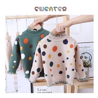 Áo len dài tay lót lông giữ nhiệt hoạ tiết chấm trong cổ 3 phân mùa đông cho bé gái từ 1 đến 6 tuổi
