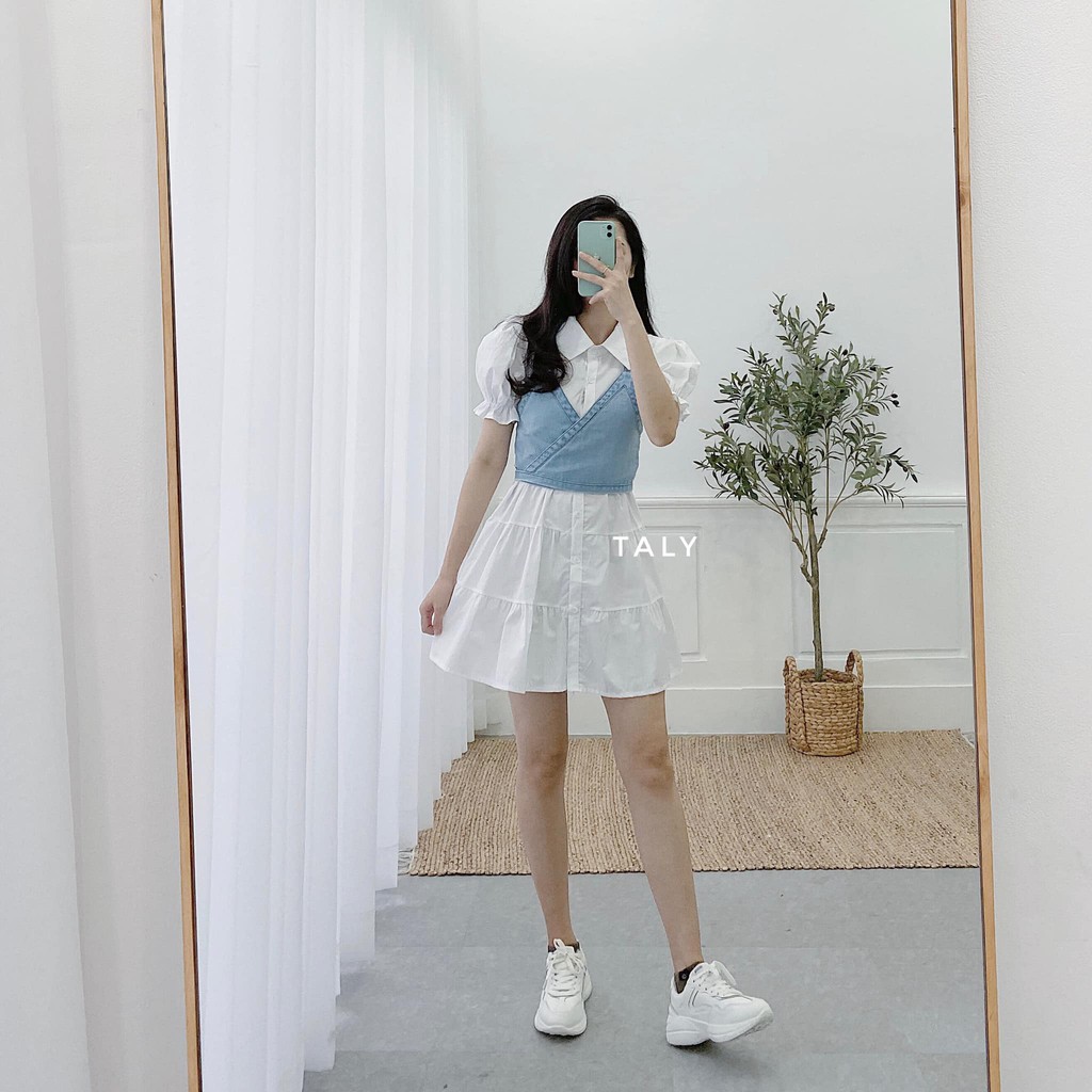 Set đầm sơ mi + ghi lê xanh