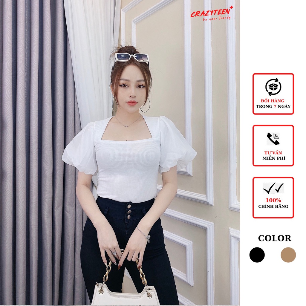 Áo thun nữ CRAZYTEEN cổ choàng tay bồng AT0186