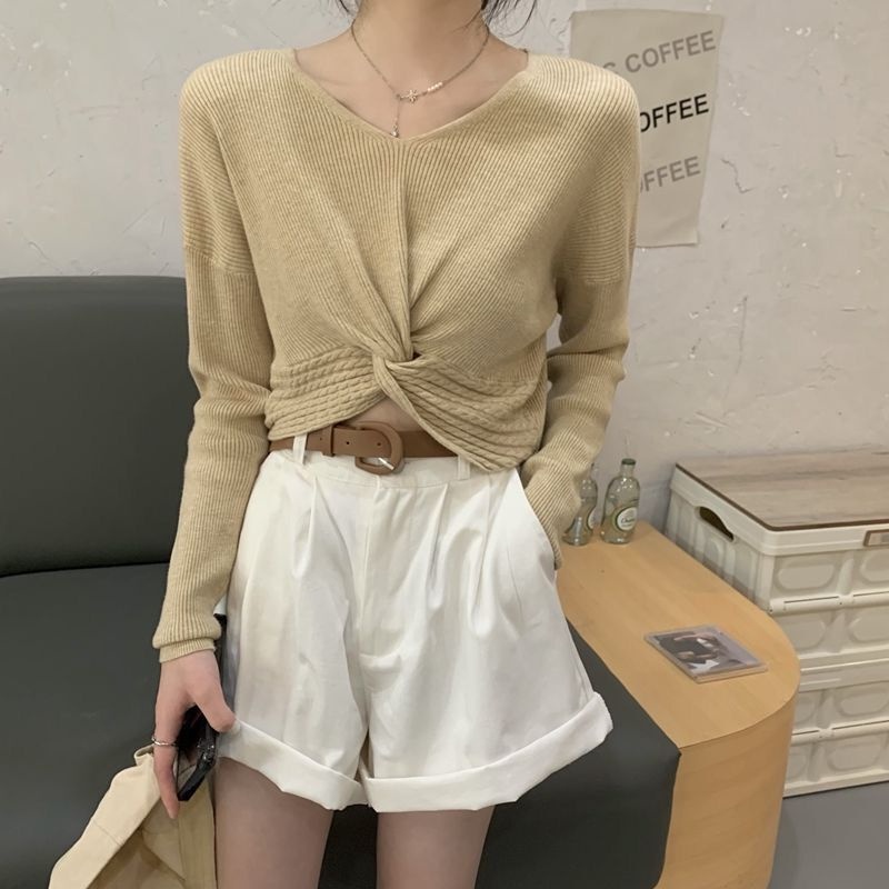 Áo sweater ZHELIHANGFEI tay dài cổ chữ V eo cao quyến rũ dễ phối đồ