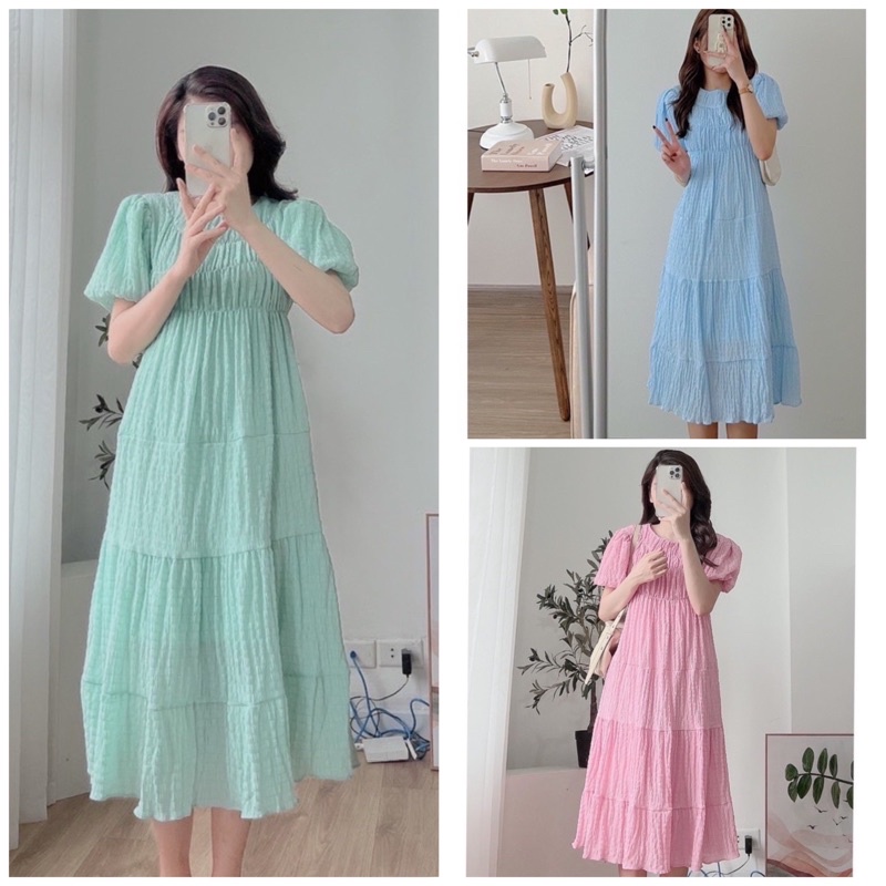 Váy xốp nhún ngực dáng dài Đầm maxi đi biển tay bồng chất vải xốp nhún du lịch - Dolala