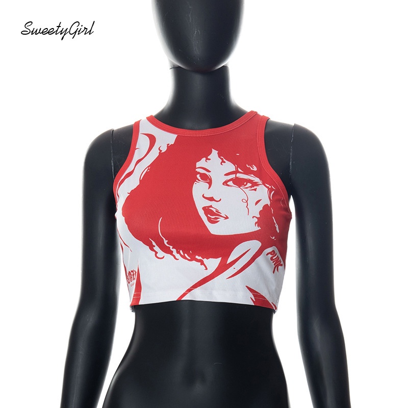 Áo Tank Top Cổ Tròn In Họa Tiết Hoạt Hình Màu Đỏ Tương Phản Thời Trang 2022 Cho Nữ