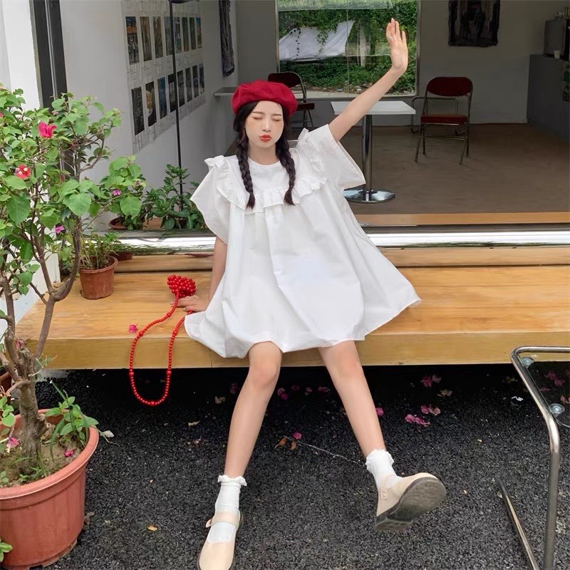 Váy babydoll cánh tiên phong cách ulzzang màu trắng/xanh rêu-Đầm nữ viền bèo tiểu thư dáng xòe hàn quốc, TONGKHOQUANAONU