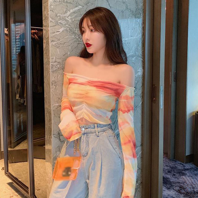 Áo Thun Tay Ngắn Trễ Vai Nhuộm Màu Dáng Ôm Phong Cách Hàn Quốc Quyến Rũ