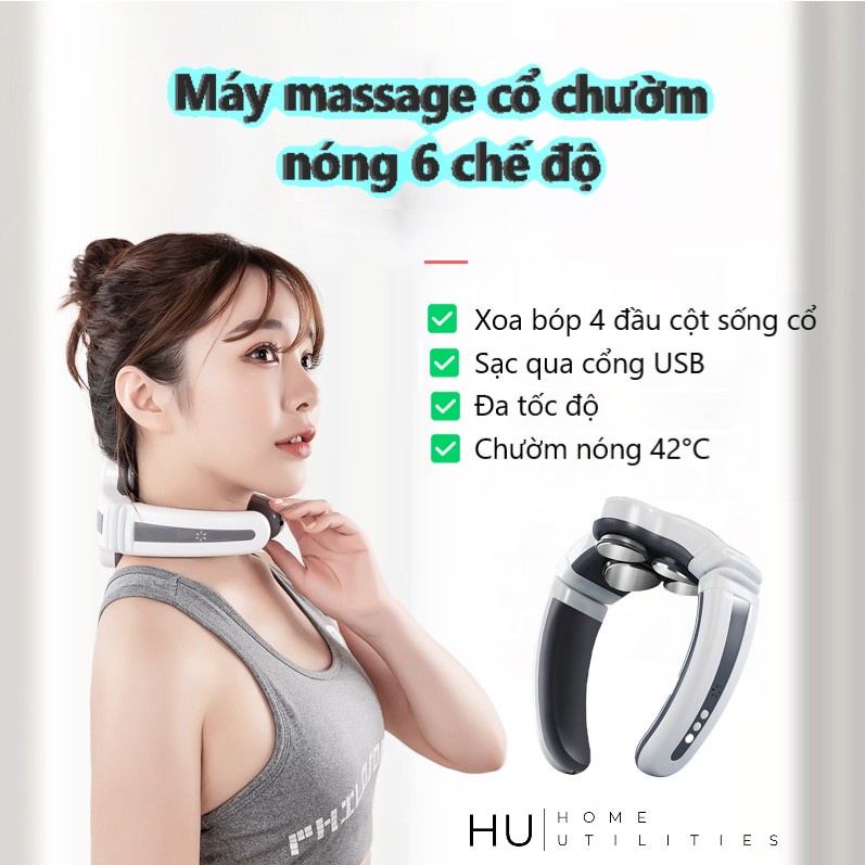 Máy Massage Cổ Thế Hệ Mới Có Chườm Nóng, 4 Đầu Tiếp Xúc, 6 Chế Độ Mat Xa , 9 Cường Độ - Tặng Kèm Tấm Xung Điện Ngoài