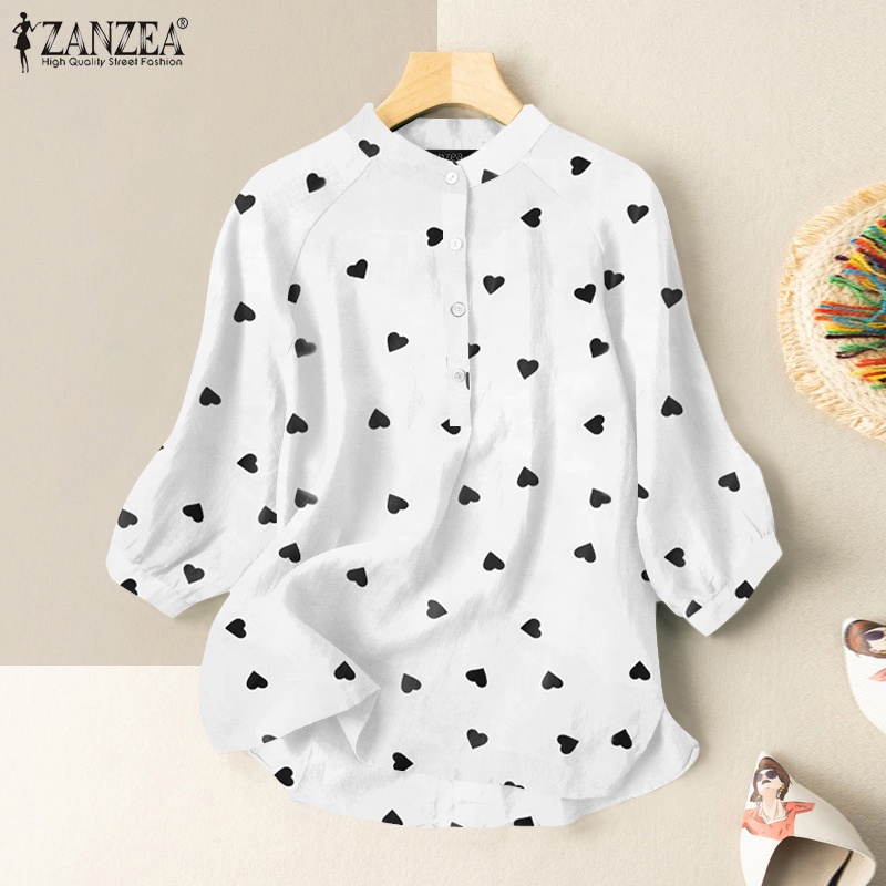 ZANZEA Áo Sơ Mi Cổ Đứng Tay 3/4 Dáng Rộng In Họa Tiết Trái Tim Thời Trang Cho Nữ