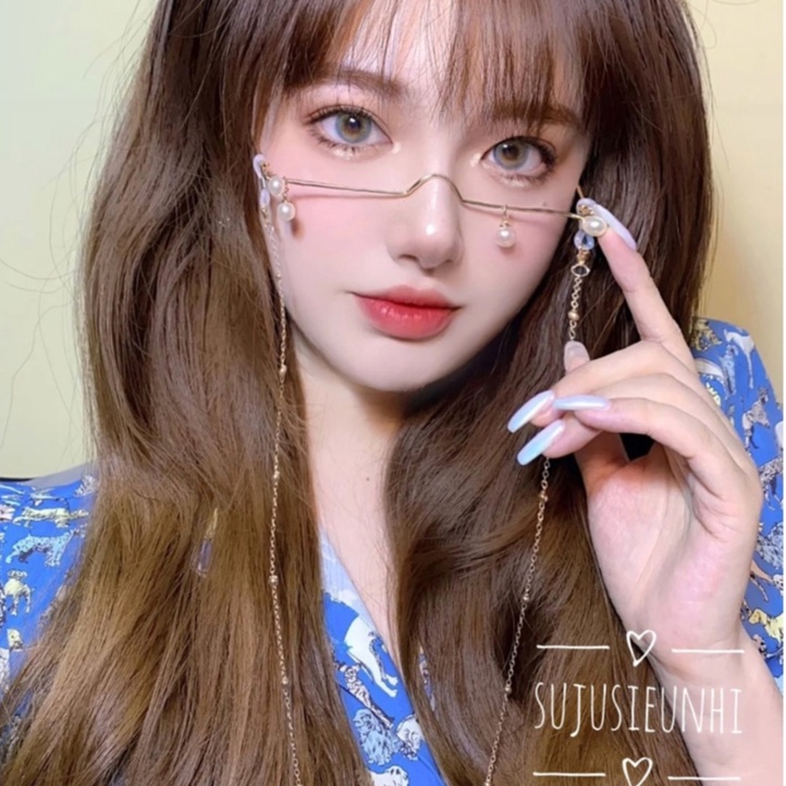 Kính nửa gọng hình vuông không tròng gắn hạt-dây xích đeo kính tạo kiểu