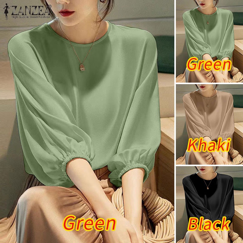 Áo kiểu ZANZEA vải satin tay 3/ 4 cổ tròn cài nút sau lưng thời trang cho nữ