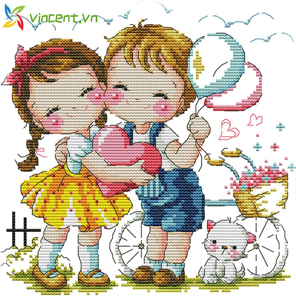 Bộ tranh thêu chữ thập 14CT hình chủ đề trái tim tình yêu