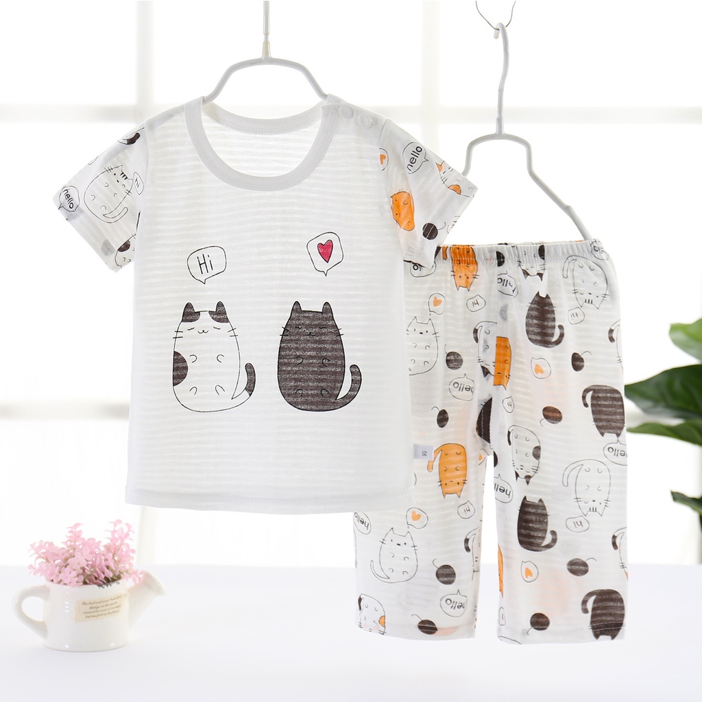 Set Đồ Ngủ 2 Món Gồm Áo Tay Cộc In Hoạt Hình + Quần Cotton Thoáng Khí Cho Bé Sơ Sinh