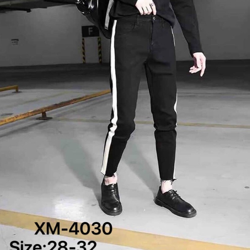 Quần jean nam đen trơn phối sọc chất bò co dãn form dáng body cao cấp AHFASHION | BigBuy360 - bigbuy360.vn