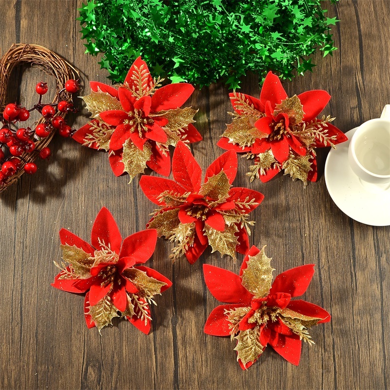 Bộ 5 Bông Hoa / Cây Thông Giả Bằng Nhựa / Bột Vàng Lấp Lánh Trang Trí Tiệc Giáng Sinh / Năm Mới