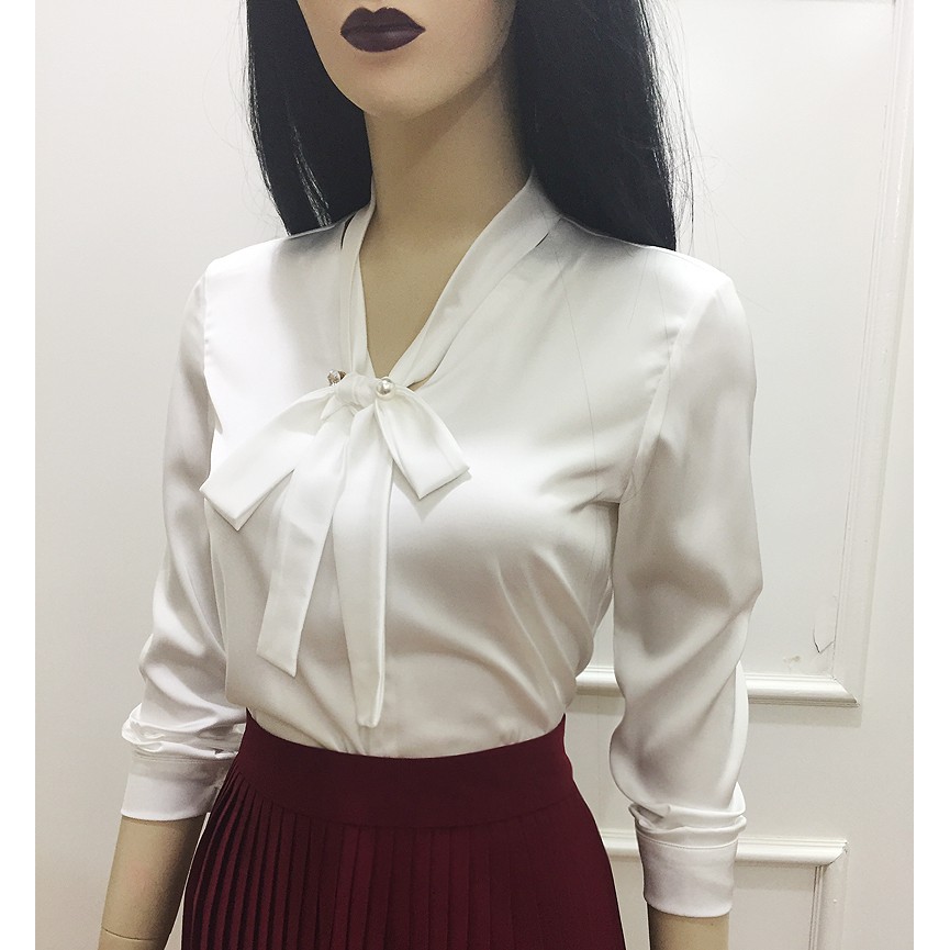 Áo Công Sở Nữ Áo Kiểu 💖𝑭𝒓𝒆𝒆𝒔𝒉𝒊𝒑💖 Áo Sơ Mi Nữ Đỏ Thắt Nơ Vải Lụa Mềm | BigBuy360 - bigbuy360.vn