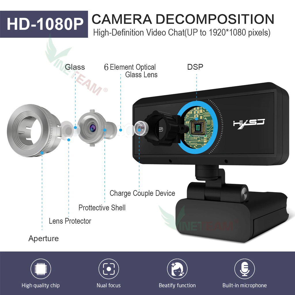 Webcam HXSJ S4 HD 1080P USB3.0 2.0 Có Thể Điều Chỉnh 360° Kèm Mic Cho Cuộc Gọi Video - Hàng Chính Hãng -dc4591