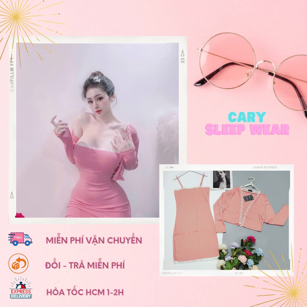 Váy 2 dây kèm khoác phối ren , set đầm body nữ CARY