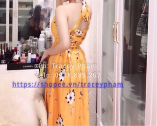 Đầm maxi vàng dây chéo lưng